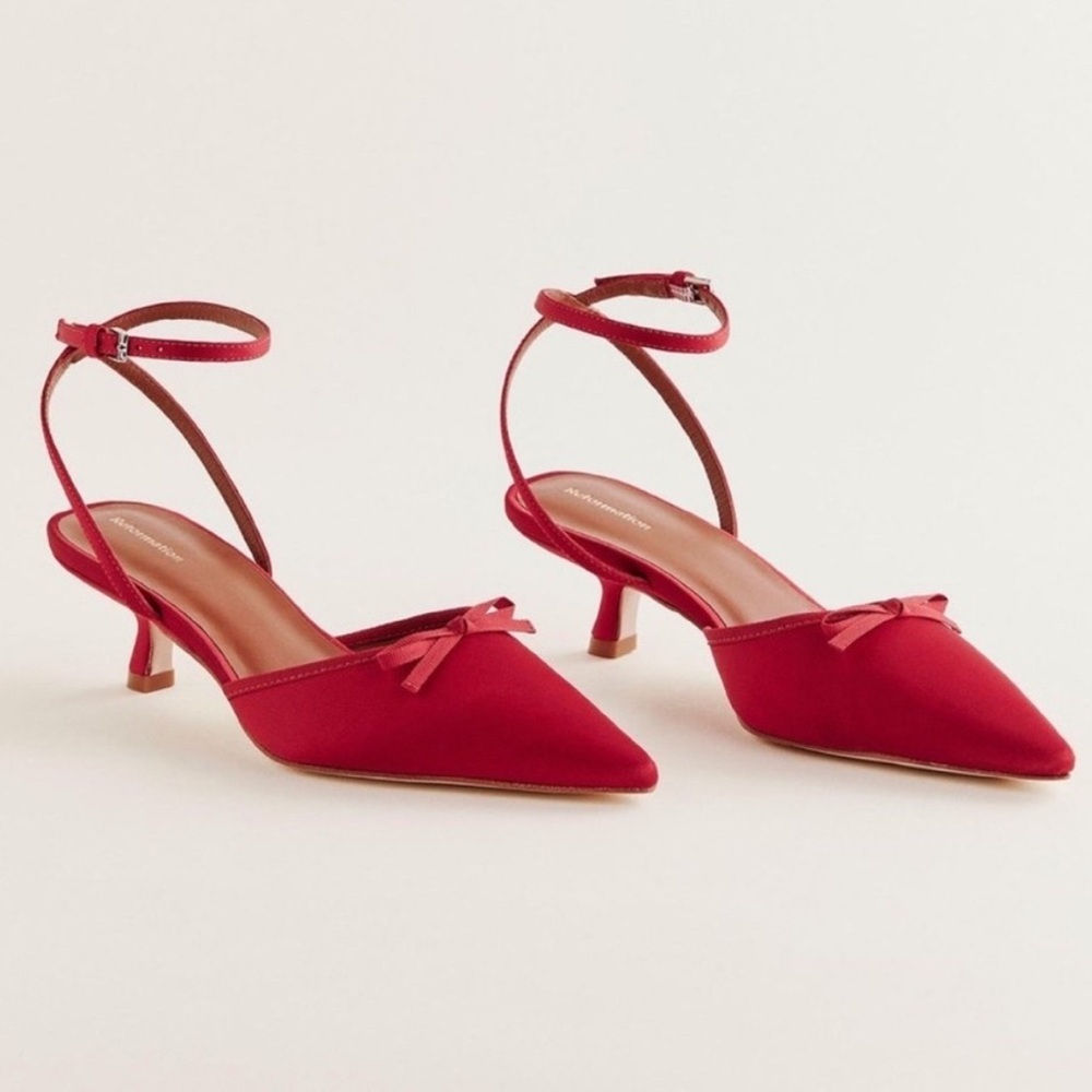 Reformation Red Satin Wade Pointed Kitten Heels